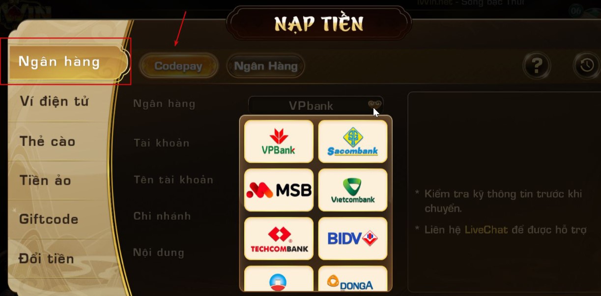 nạp tiền iwin bằng phương thức ngân hàng codepay