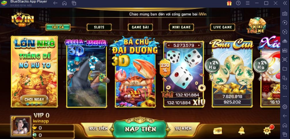 giao diện iwin trong trình giả lập bluestacks